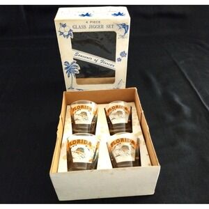 Florida Souvenir Shot Glasses Vtg Carrib Set of 4 Original Box Marlin Sunshine